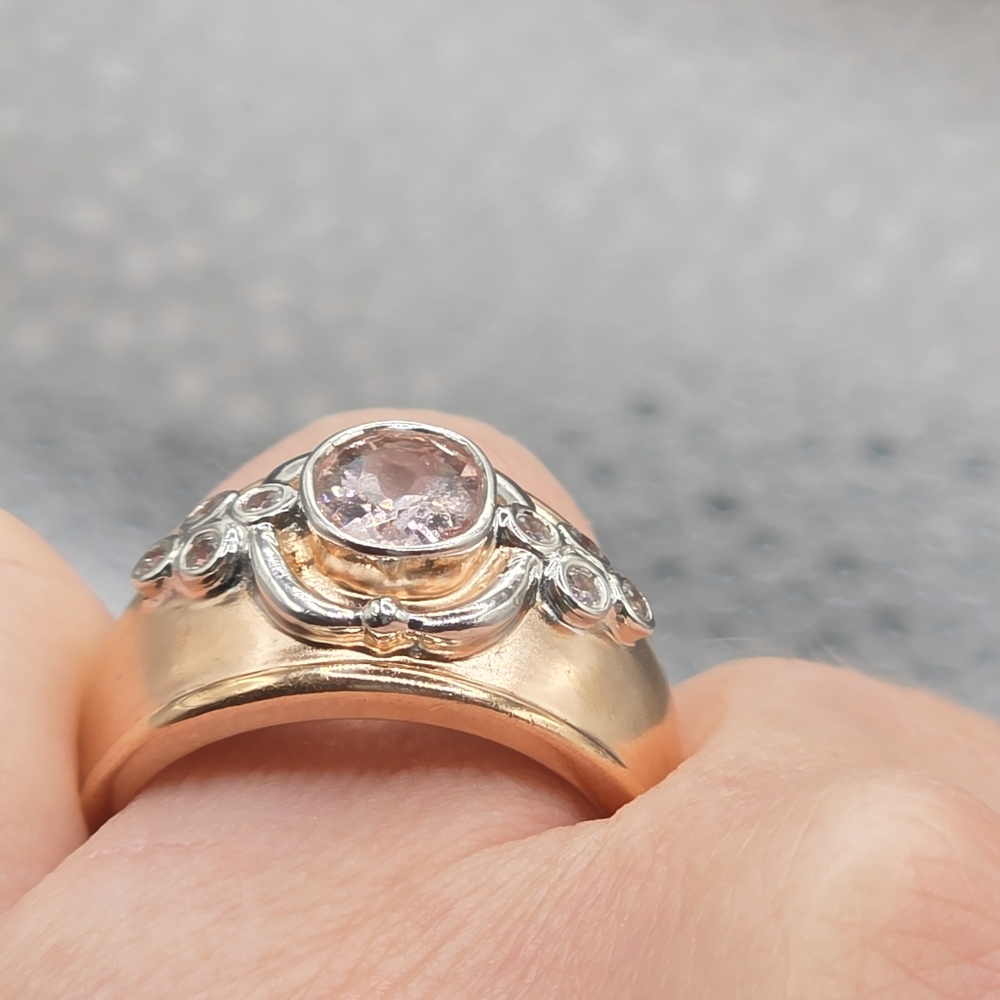Designer Signed Romantic Morganite And White Zircon Ring - Picture 6 of 8